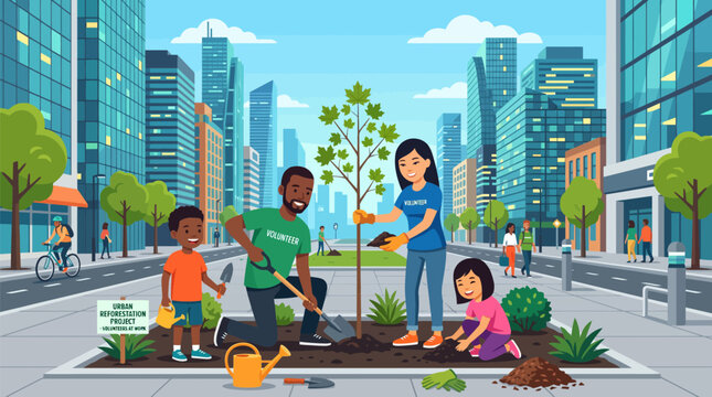 Diverse volunteers planting a young tree in an urban reforestation project