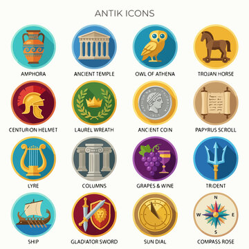 Set of Flat Design Icons Representing Ancient Greek and Roman History