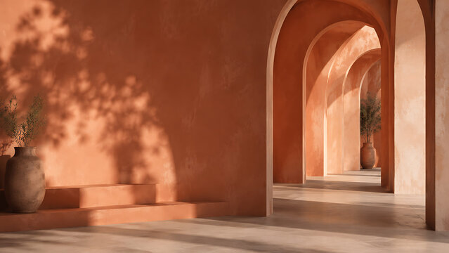 Interior space with terracotta colored arched walls, stone steps, and a large clay vase, illuminated by soft natural sunlight shadows