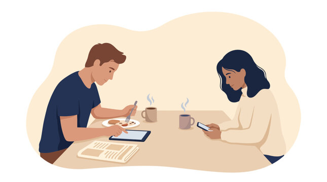 Young Couple Distracted by Devices While Eating Breakfast