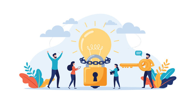 Creative team celebrates finding the key to unlock a giant light bulb idea representing a breakthrough in innovation and strategy.