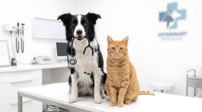 Dog and cat sitting on examination table at veterinary clinic