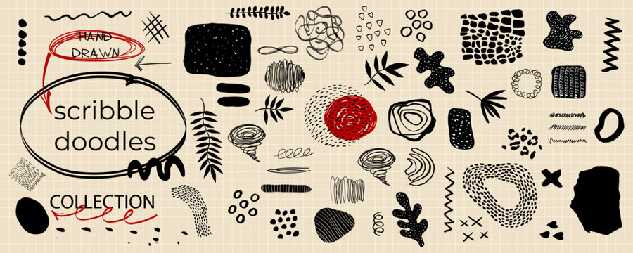 Notebook and journal doodle collection with hand-drawn ink illustrations. Sketchy accents, scribbles, and creative elements for note-taking, planners, stationery, and design layouts.