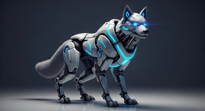 Robotic cyber wolf with glowing blue neon accents.