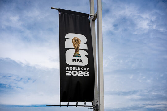 FIFA World Cup 2026 banner mounted on street light pole. Toronto, Canada - June 9, 2026.