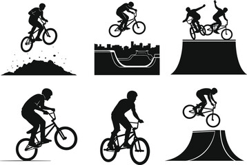 Naklejka premium Dynamic BMX Silhouette Set Featuring Freestyle Tricks, Jumps, and Ramp Stunts for Sports Design