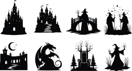Fototapeta premium Fantasy Silhouette Collection Featuring Castles, Wizards, Dragons, and Magical Scenes for Creative Design