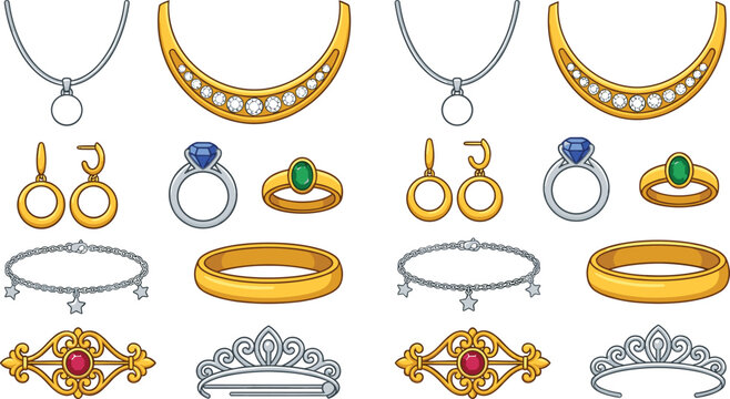 Luxury Jewelry Collection Featuring Diamond Necklaces Rings Earrings Bracelets and Tiaras with Elegant Precious Gemstone Vector Illustrations