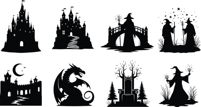 Fantasy Silhouette Collection Featuring Castles, Wizards, Dragons, and Magical Scenes for Creative Design