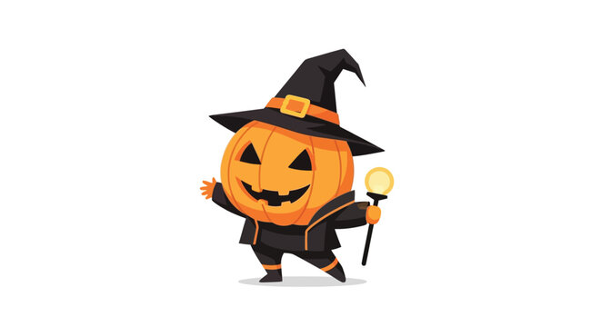Halloween pumpkin character in witch costume with magic wand