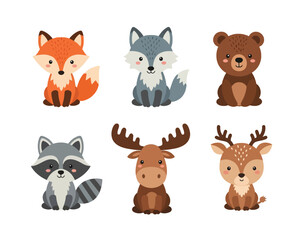 Cute cartoon fox wolf bear raccoon moose deer woodland forest animals illustration isolated on white background playful wildlife characters.