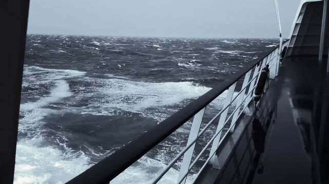 Stormy Sea View from Wet Cruise Ship Deck with Railing - Dramatic Big Waves, Rough Ocean Water and Lifebuoy Detail Footage