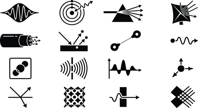 Physics and Quantum Optics Icon Set featuring Wave Particle Duality Prism Reflection Laser and Light Scattering Symbols for Education and Science graphics design