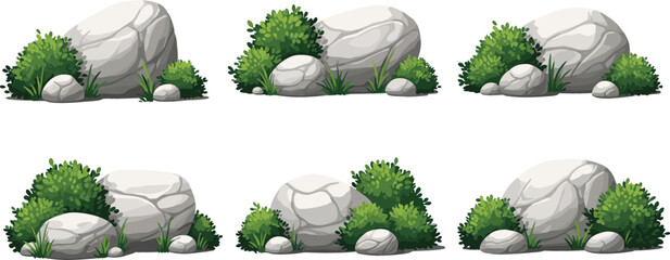 Vector Rock and Bush Set Featuring Large Grey Stones, Green Garden Shrubs, Grass Tufts, and Landscaping Elements for Game Environments and Nature Designs © MdGohurul