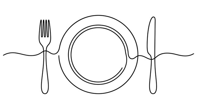 Minimalist one line drawing of plate fork and knife elegant dining concept illustration