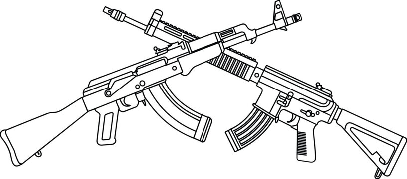 Crossed assault rifles line art illustration, detailed military firearm sketch isolated vector design element for graphic projects