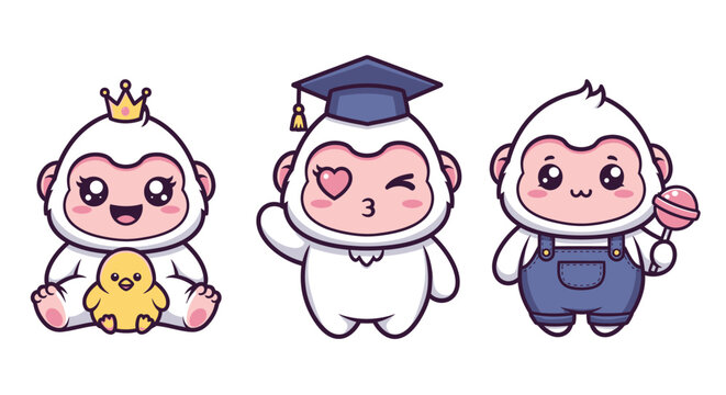 Cute cartoon monkeys in different outfits and poses.