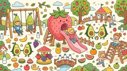Naklejka premium Kids swing, slide, climb with smiling fruit & milk pals in a whimsical park