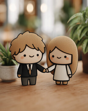 Cute Couple Illustration: A charming, minimalist illustration depicts a young couple holding hands, dressed in formal attire, against a softly blurred background of plants and a table. Their stylized.