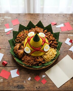 Indonesian Nasi Tumpeng Celebration Dish with Sides