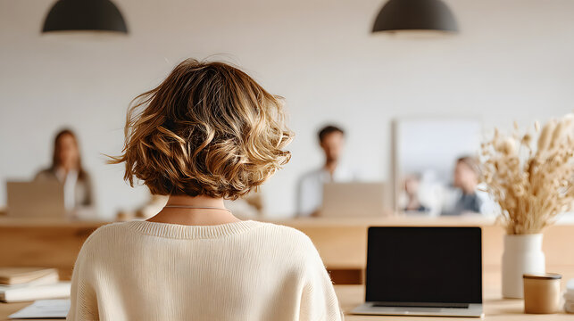 A woman presents keynote speech in modern meeting room with laptop and audience showing confident expression