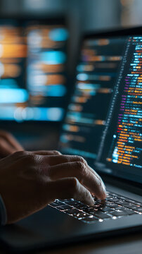 Hands typing on laptop keyboard with colorful code on screen at night showing focused programming work and warm mood