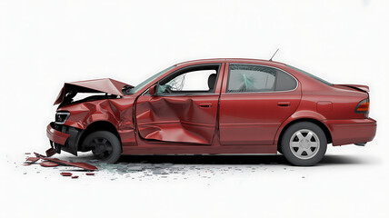Fototapeta premium Side view of a red wrecked car after accident, transparent background