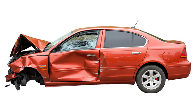 Side view of a red wrecked car after accident, transparent background