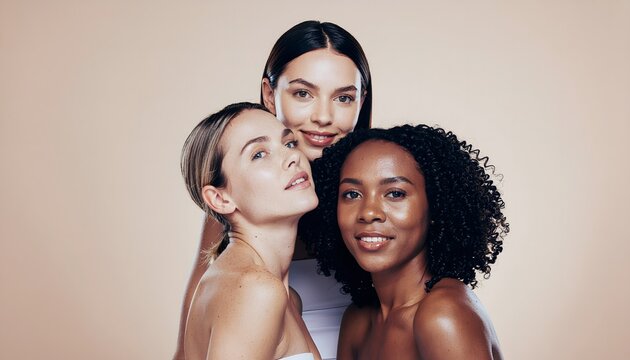 Group portrait of three multicultural women with different skin tones and beautiful smiles posing together against a plain beige background. Skincare, inclusivity and diverse beauty concept.