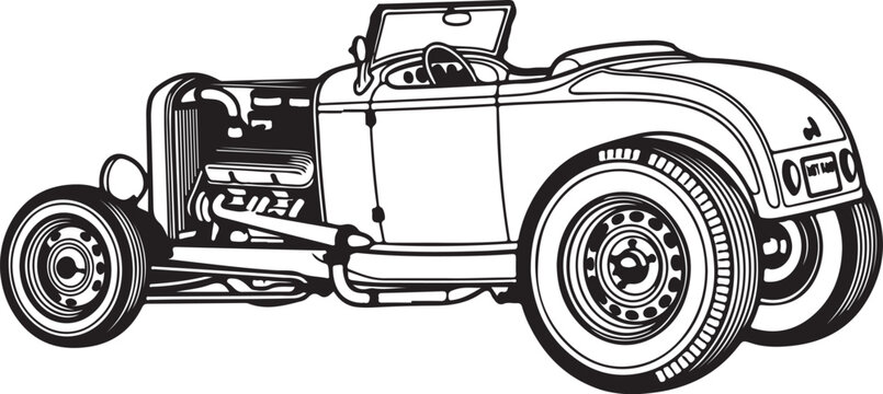 Retro Convertible Car Vector Outline Art