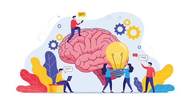 Collaborative brain power concept showing a team of professionals working together around a giant human brain with gears and light bulbs.