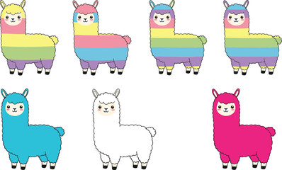 Obraz premium Cute Kawaii Alpaca Vector Set Featuring Colorful Rainbow Pastel Llamas and Solid Color Character Clipart for Children Birthday Party and Nursery Greeting Card Designs