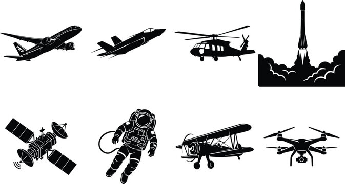 Aerospace and aviation vector icon set featuring commercial airplane fighter jet helicopter space rocket satellite astronaut biplane and drone silhouettes