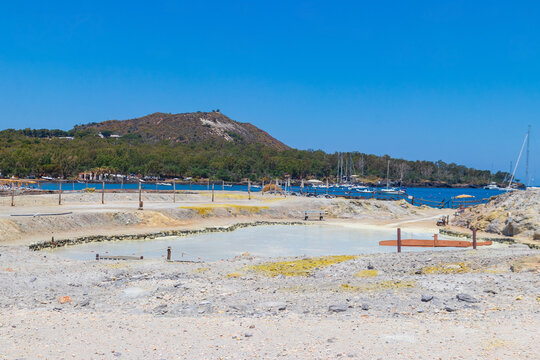 View of the natural geothermal sulphur mud bath Pozza dei Fanghi on Vulcano Island, Aeolian Islands, Sicily, Italy