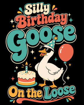 Retro Cute Silly Birthday Goose Vector Illustration with Cake Balloon and Sunglasses