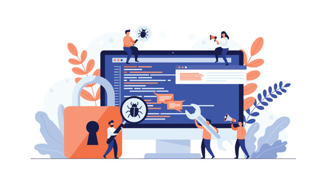 Development team fixing software bugs and improving code security on a giant monitor with a large lock icon nearby for data protection.