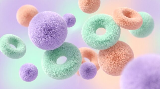 Abstract background with many fluffy colorful balls and donuts floating in pastel air, soft purple, green, and orange textures.
