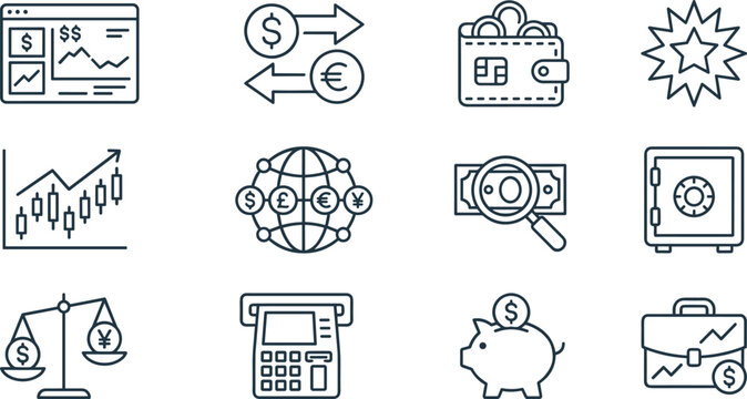 Global Banking and Stock Market Finance Icon Set featuring Candlestick Chart Currency Exchange Wallet Safe and Piggy Bank Symbols vector design