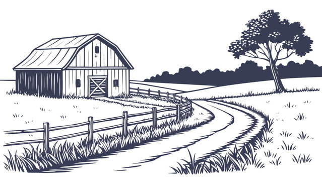 Rustic farm landscape with barn and fence landscape countryside illustration