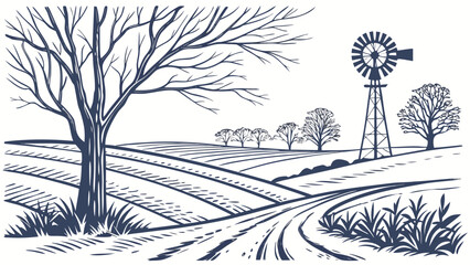 Rural landscape drawing with windmill and farmland fields windmill landscape © bali