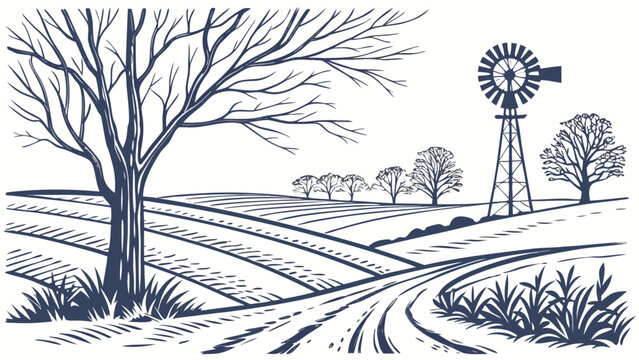 Rural landscape drawing with windmill and farmland fields windmill landscape