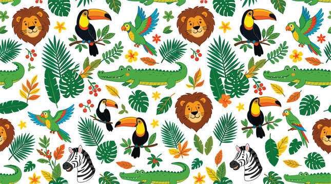 Jungle Animal Seamless Pattern with Lion Toucan Parrot Crocodile Zebra and Tropical Leaves Vector Illustration Set