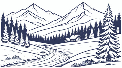 Scenic mountain valley cabin landscape line drawing with mountain, landscape © bali