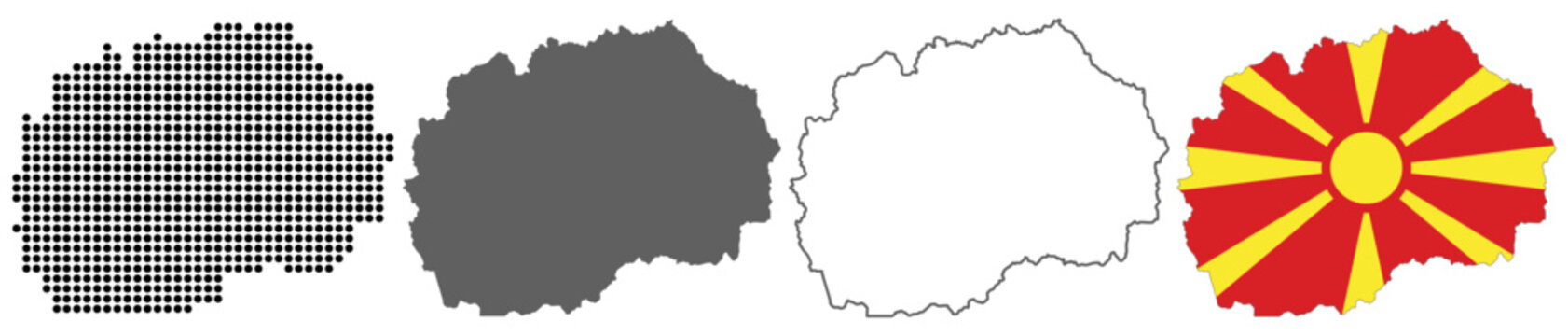 North Macedonia country map vector set with dotted pattern solid silhouette outline and national flag illustration