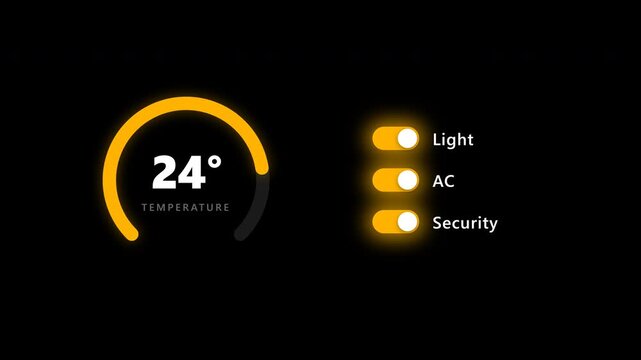 Minimalist digital smart home interface animation displaying temperature settings and toggle switches for lighting and security in a dark environment