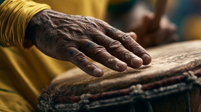 Focused view of a Brazil fans hand beating a traditional samba drum with intensity yellow jersey sleeve rolled up evoking the passion and musical heartbeat of soccer fan culture.