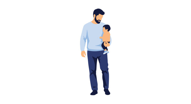 A bearded man in a blue sweater holding a toddler on his hip