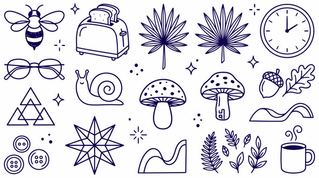Miscellaneous Set of Minimalist Line Art Illustrations Featuring Nature, Household Objects, and Geometric Shapes
