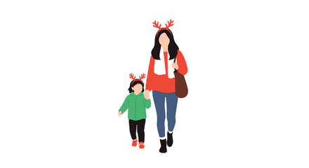 Mother and child wearing reindeer antlers walking together minimalist vector illustration © Arfan24