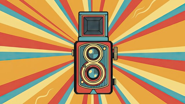 Vintage twin-lens reflex camera on multi-colored sunburst background.